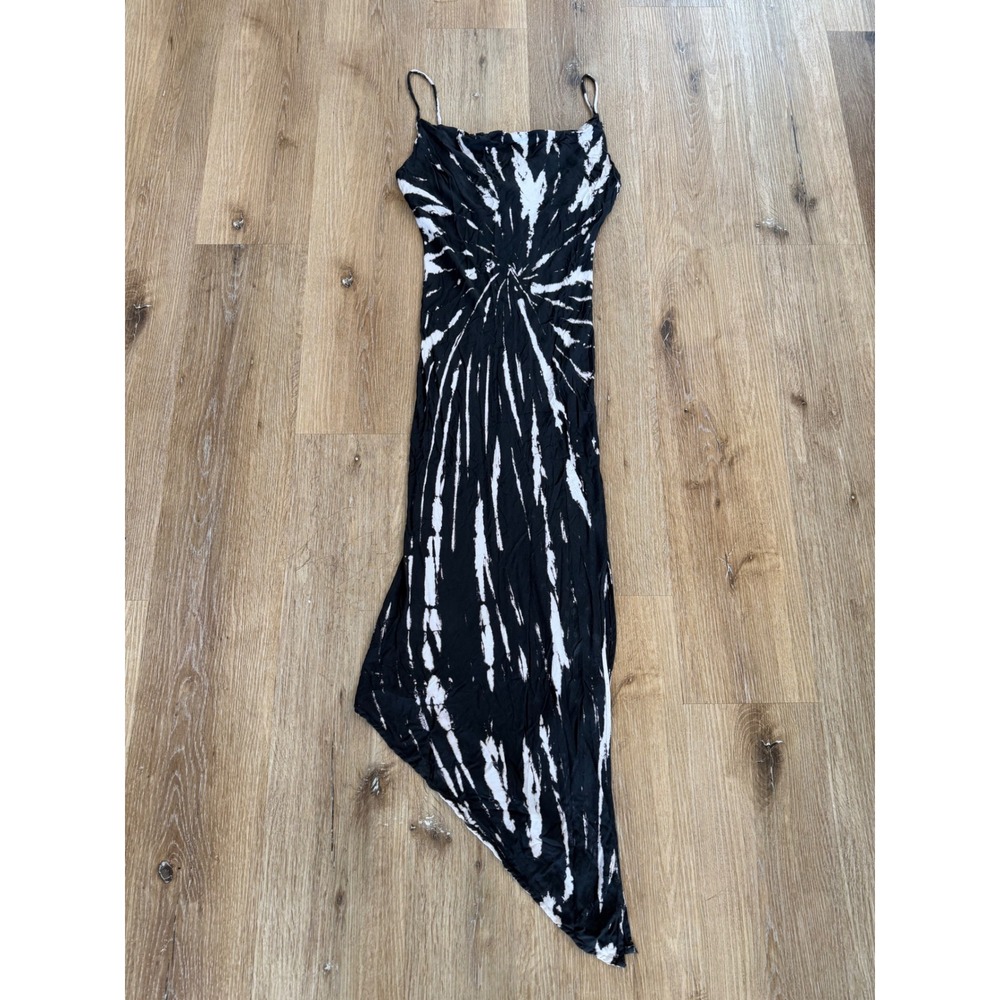 Hashtag In Trend Maxi Dress Women XS Black Tie Dye Asymmetrical Cowl Neck Grunge